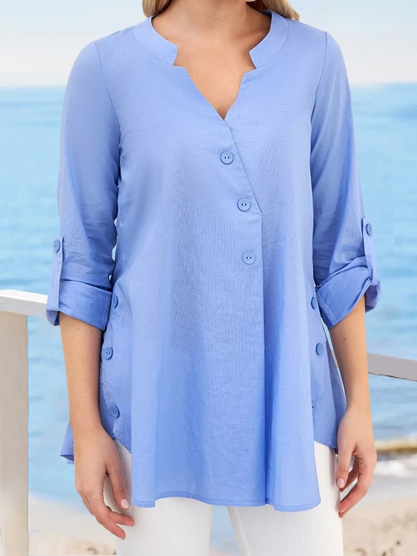 Women's Solid Color V Neck Casual Linen Top