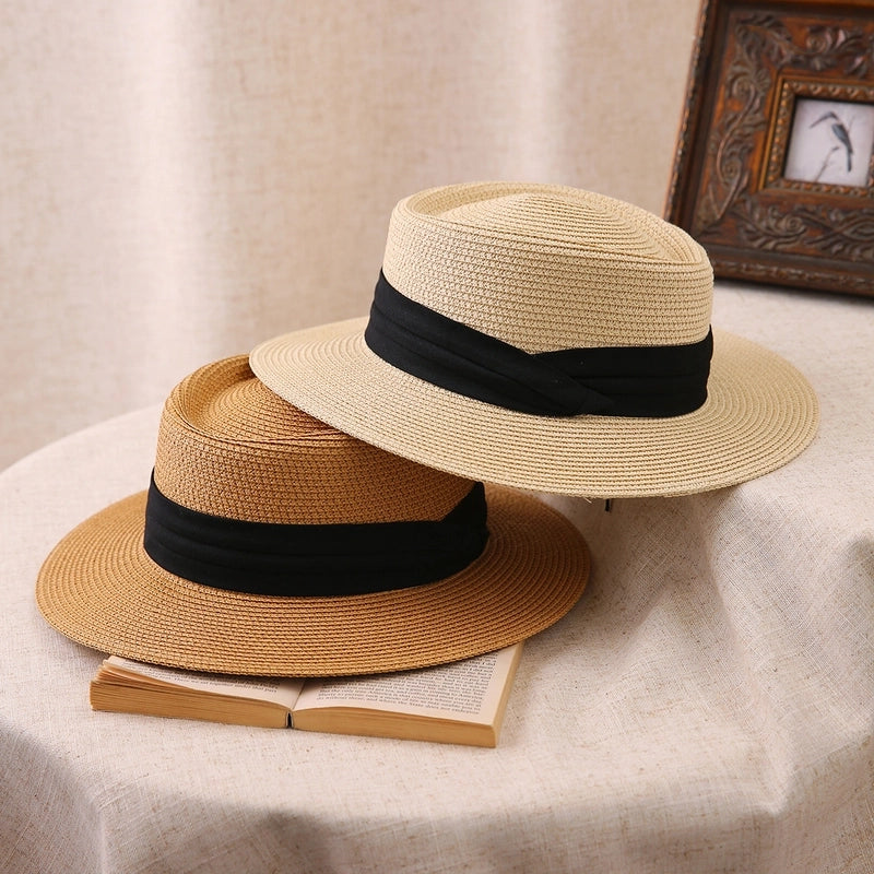 Big Head Straw Hat Women’s Flat Top Hat Flat Brim Sunshade Hat Fashionable Women’s Straw Sun Hat Showing Small Face