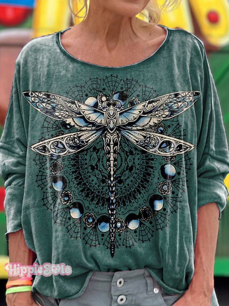 Women’s Retro Dragonfly Pattern T-Shirt Multicolor / S