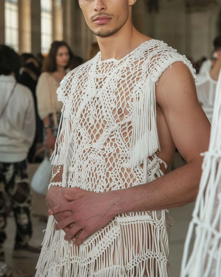 Men’s Vintage Crochet Tassel Sleeveless Top
