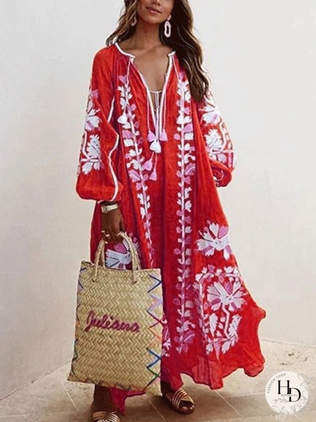 Casual Dress Swing Long Maxi Green Blue Khaki Sleeve Floral Patchwork Fall Spring Neck