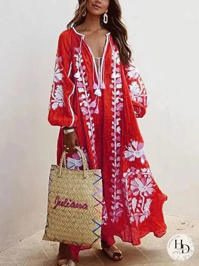 Casual Dress Swing Long Maxi Green Blue Khaki Sleeve Floral Patchwork Fall Spring Neck