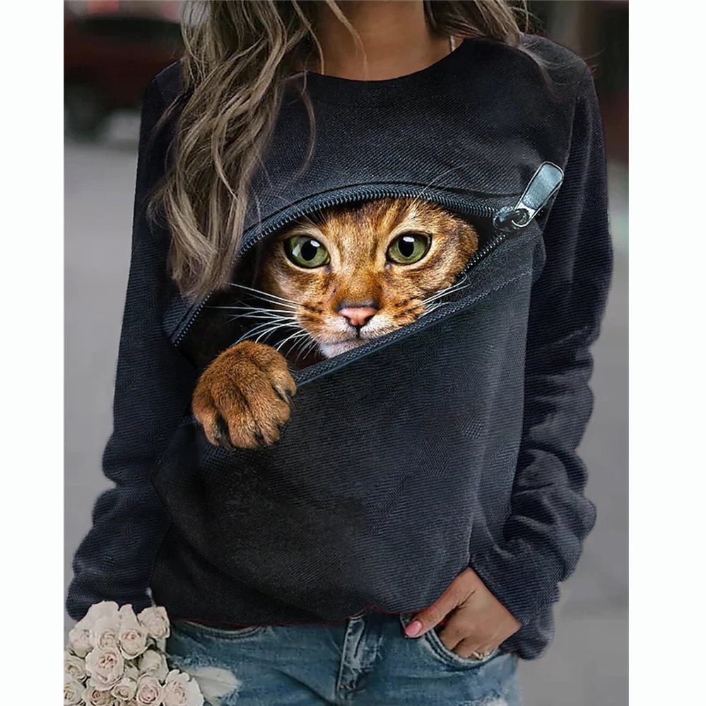 Casual Cat Print Long Sleeve Sweatshirt