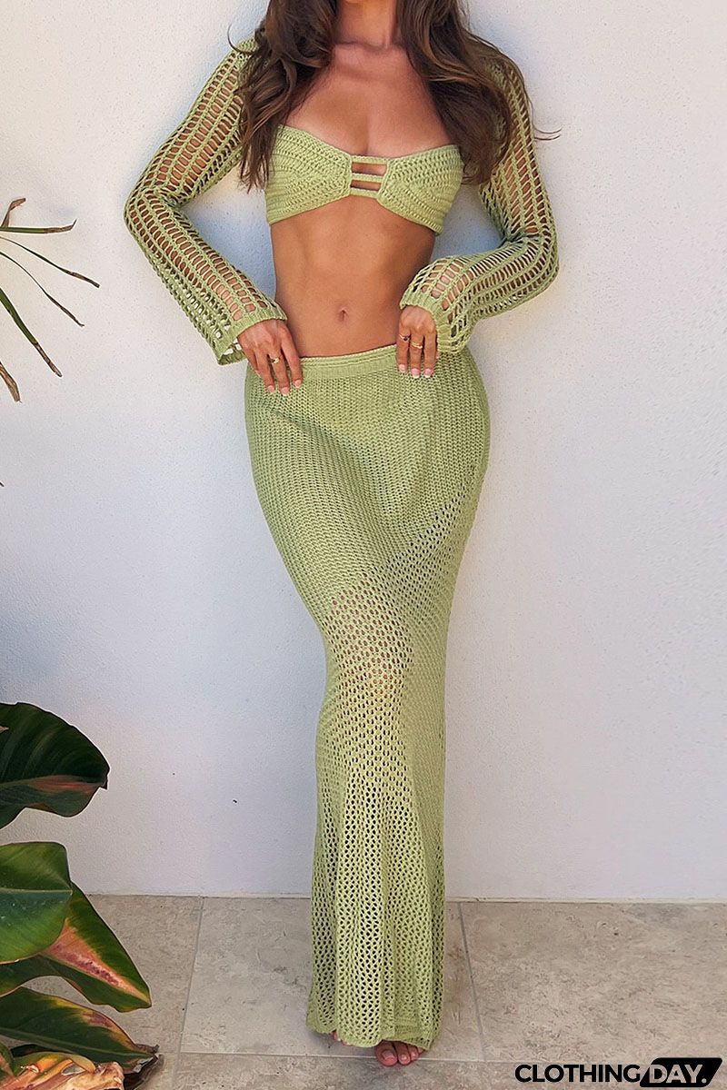 Women Fashion Sexy Solid Color Hollow Knitted Long Sleeve Crop Top Skirt Suit