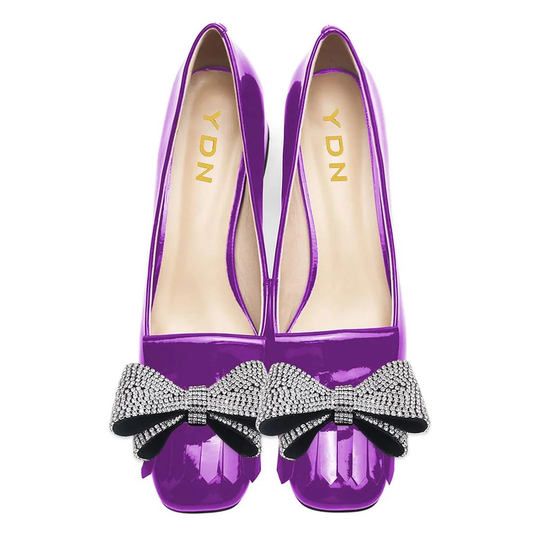 Patent Leather Square-Toe Crystal Bow Block Heel Pumps in Purple