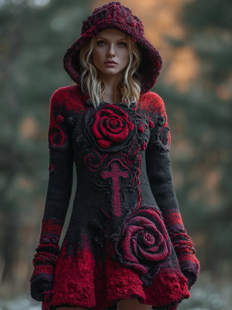 Halloween Viking Style Lady Hooded Knit Sweater Dress