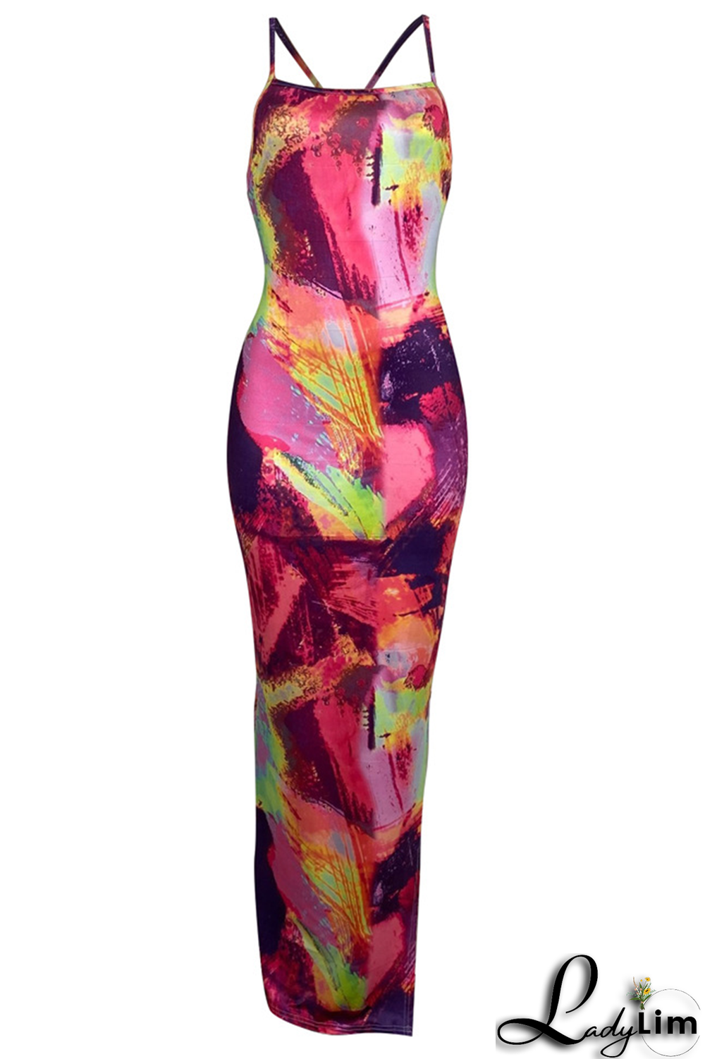 Blue Purple Sexy Print Split Joint Spaghetti Strap Pencil Skirt Dresses