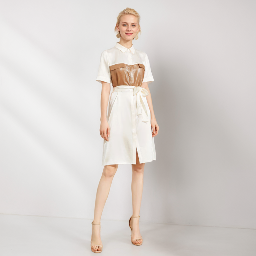 Shirt-style Silk Dress with Brown-patched Chest for Workplace REAL SILK LIFE