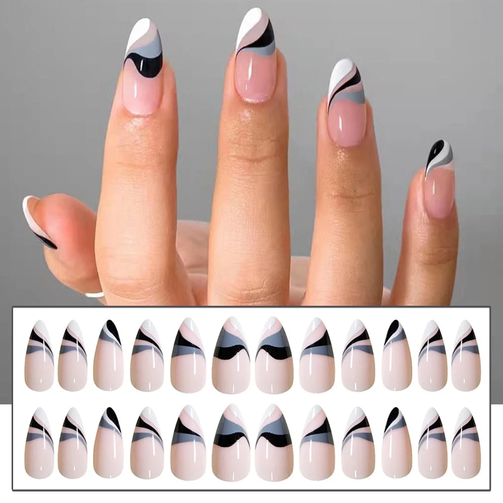 24pcs Point Head False Nails Tips Press On Nail with Heart Print Design Girl DIY Nail Patch Removable French Style Fake Nails-Nail Inspo