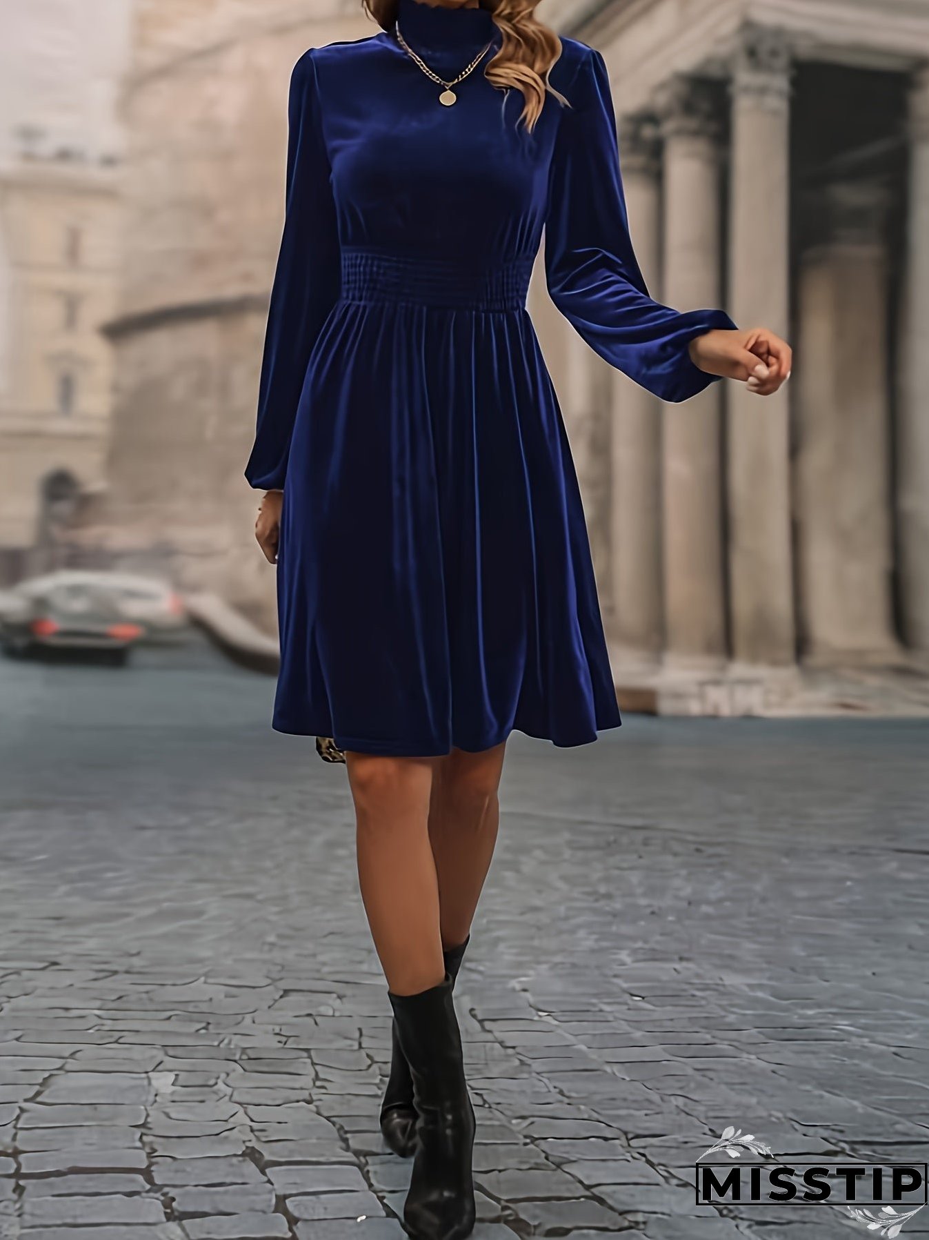 Solid Shirred Knee Length Dress, Elegant Long Sleeve Mock Neck Dress, Women's Clothing