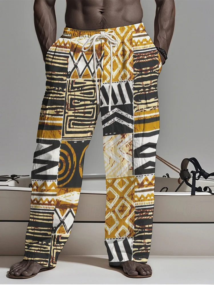 Men's Africa Traditional Geometric Pattern Color Block Print Casual Pants