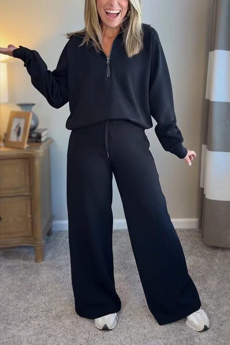 New Arrivals🔥 Casual Lapel Solid Color Sweatshirt Set with Wide Fit Pants