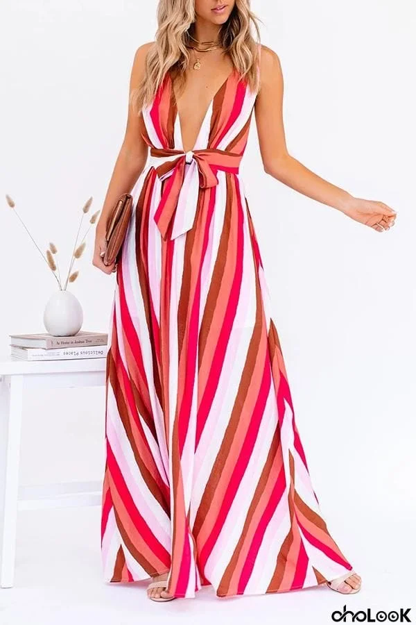 V-neck Striped Bow Multi-Length Dress