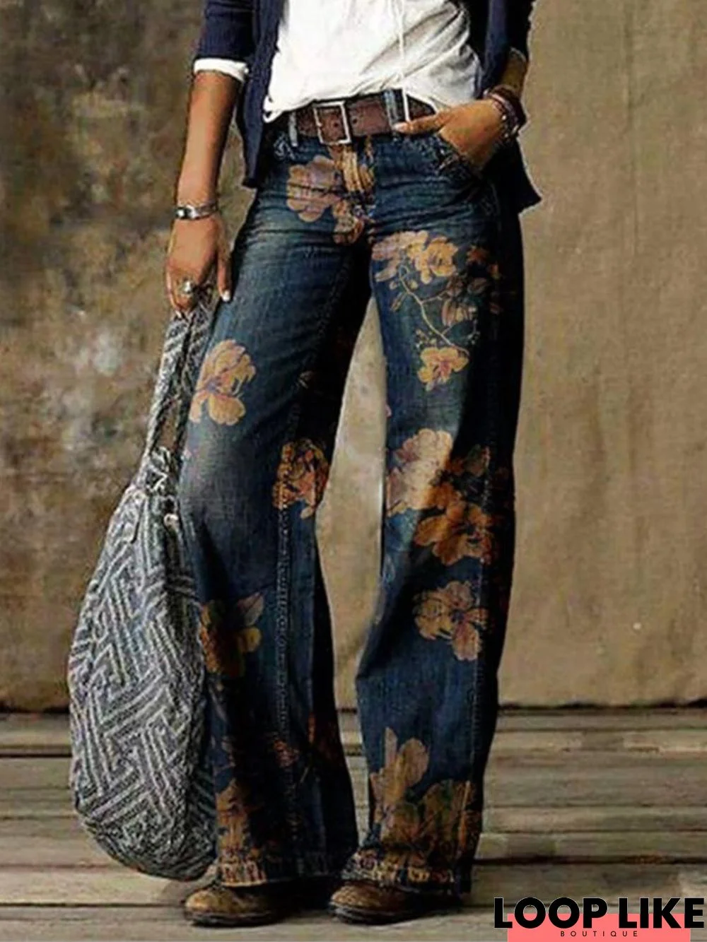 Casual Plus Size Printed Wide-leg Jeans