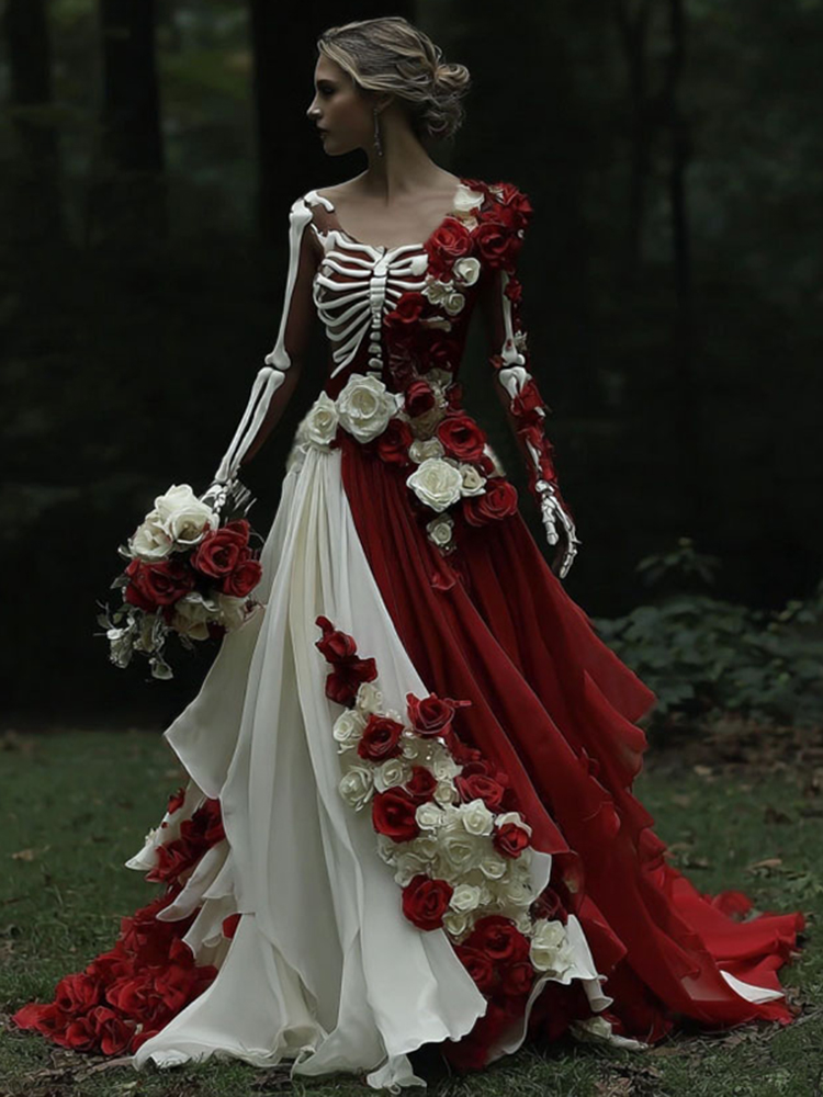 Comstylish Vintage Halloween Skeleton Red Roses Art Crew Neck Maxi Dress