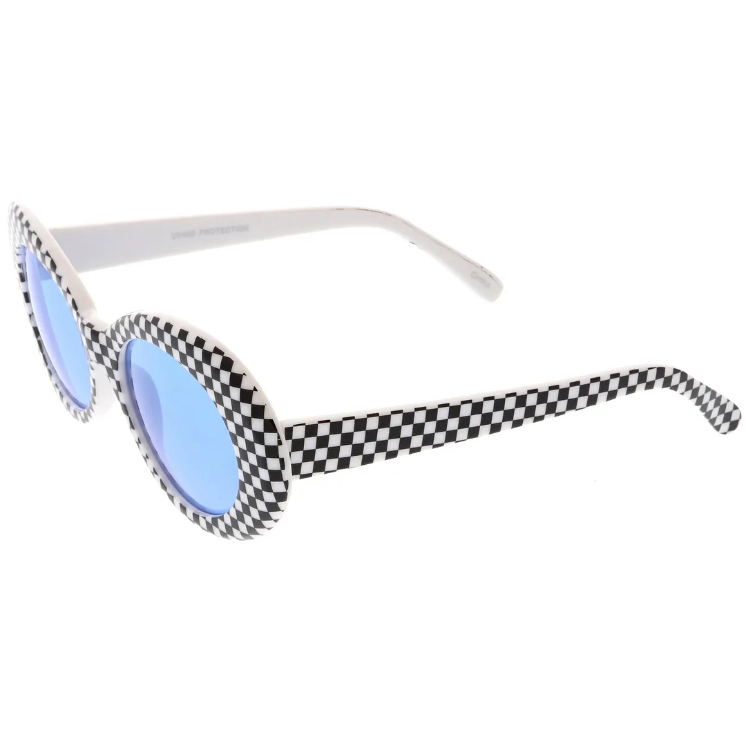 Large Retro Checkered Oval glasses Thick Frame Colored Lens Wide Arms 53mm