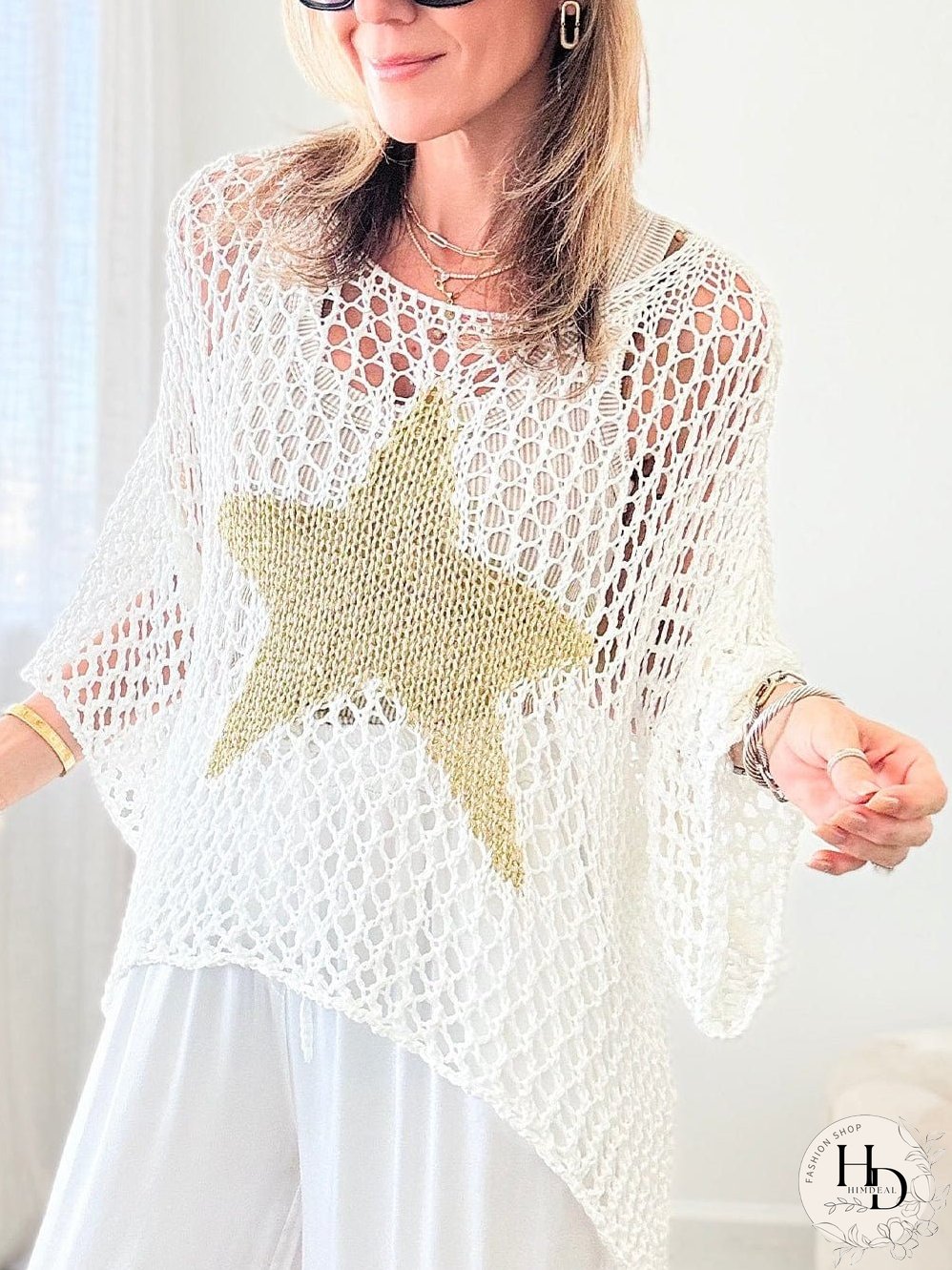 White Crochet Knit Top with Gold Star