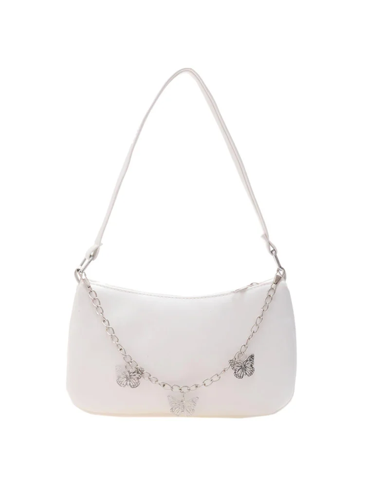 Fashion Women Butterfly Chain PU Underarm Bag Casual Small Handbags (White)