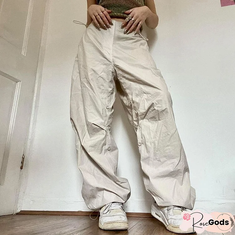 Drawstring Low Waist Wide Leg Cargo Pants Baggy Hippie Korean Trousers Women Pocket Casual Button Streetwear Bottoms