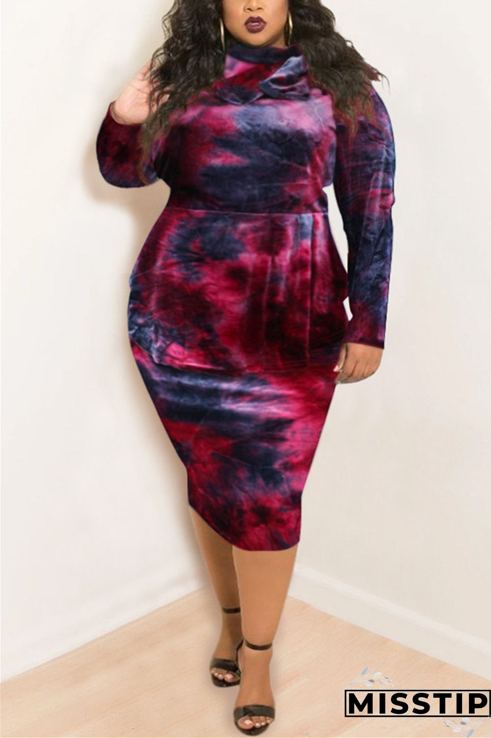 Purple Fashion Casual Plus Size O Neck Long Sleeve Regular Sleeve Print Tie Dye Printed Dress