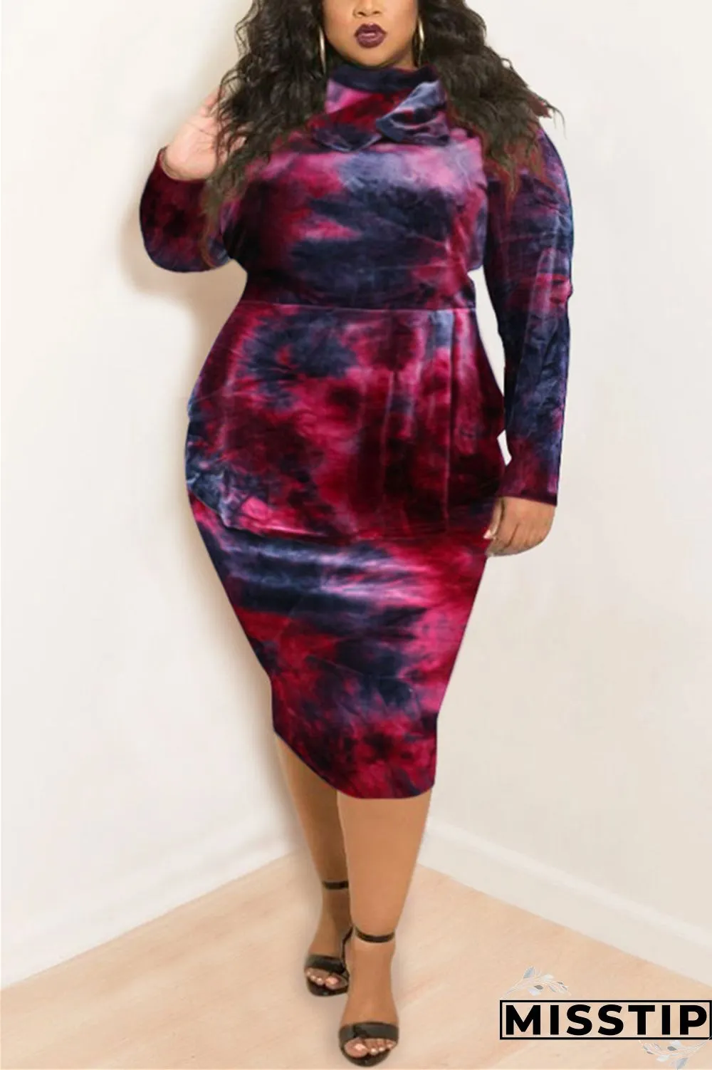 Purple Fashion Casual Plus Size O Neck Long Sleeve Regular Sleeve Print Tie Dye Printed Dress