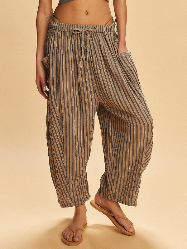 Striped Cotton And Linen Cropped Trousers Pants hjn Shicloths
