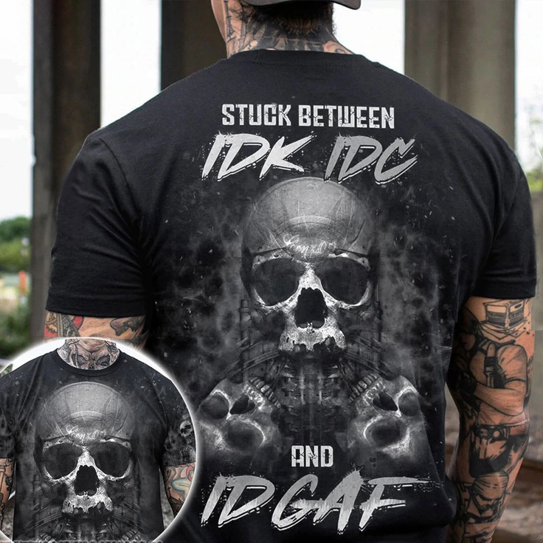 Skull Stuck Between Idk Idc Idgaf Full Body Print Mens Short Sleeve Tee
