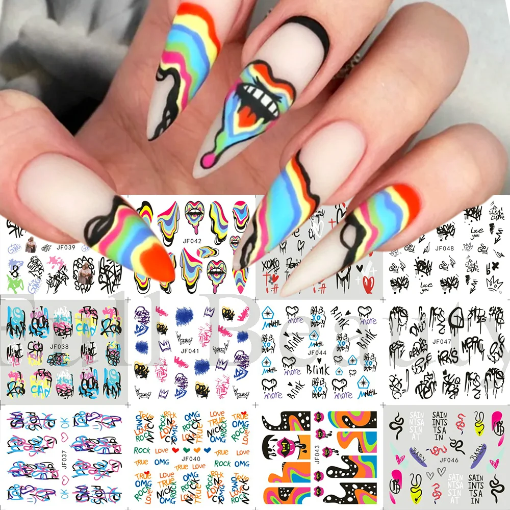 Churchf Graffiti Nail Stickers Lettering Water Nail Decals Trippy Rainbow Lips Sliders French Manicure Tips Watermarks GLJF37-48