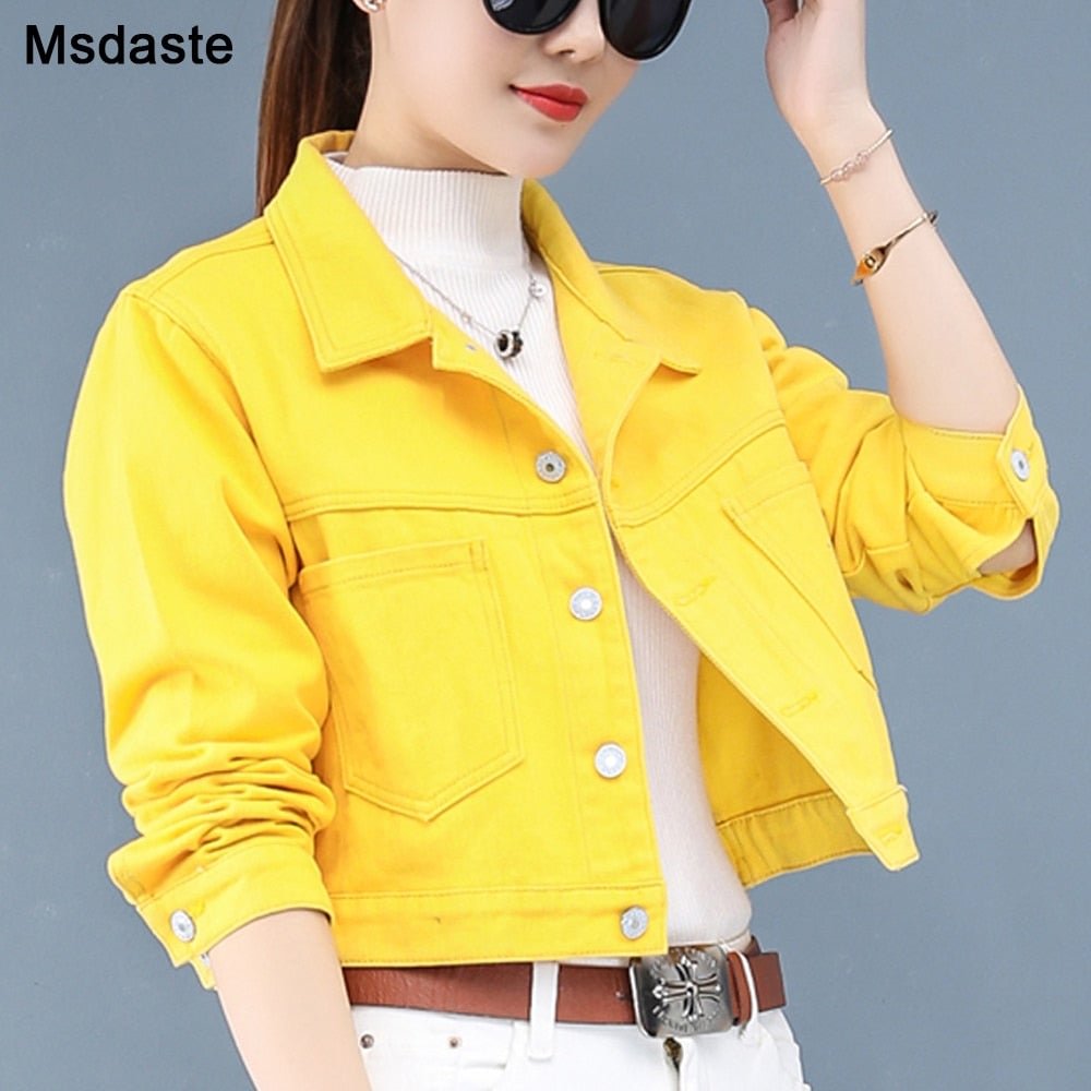 Jeans Jackets Coats For Women Autumn Female Long Sleeve New Short Jacket Pink Yellow Pockets Casual Lady Denim Coat Outerwear
