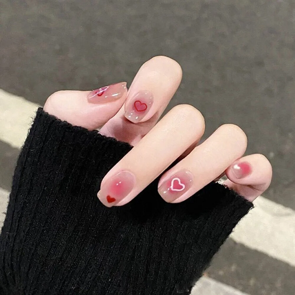 24pcs Tulip Printed Nail Patch Nude Color Wearable Artificial Fake Nails Full Cover Sweet Nude Pink Nail Tips Art Accessories-Nail Inspo