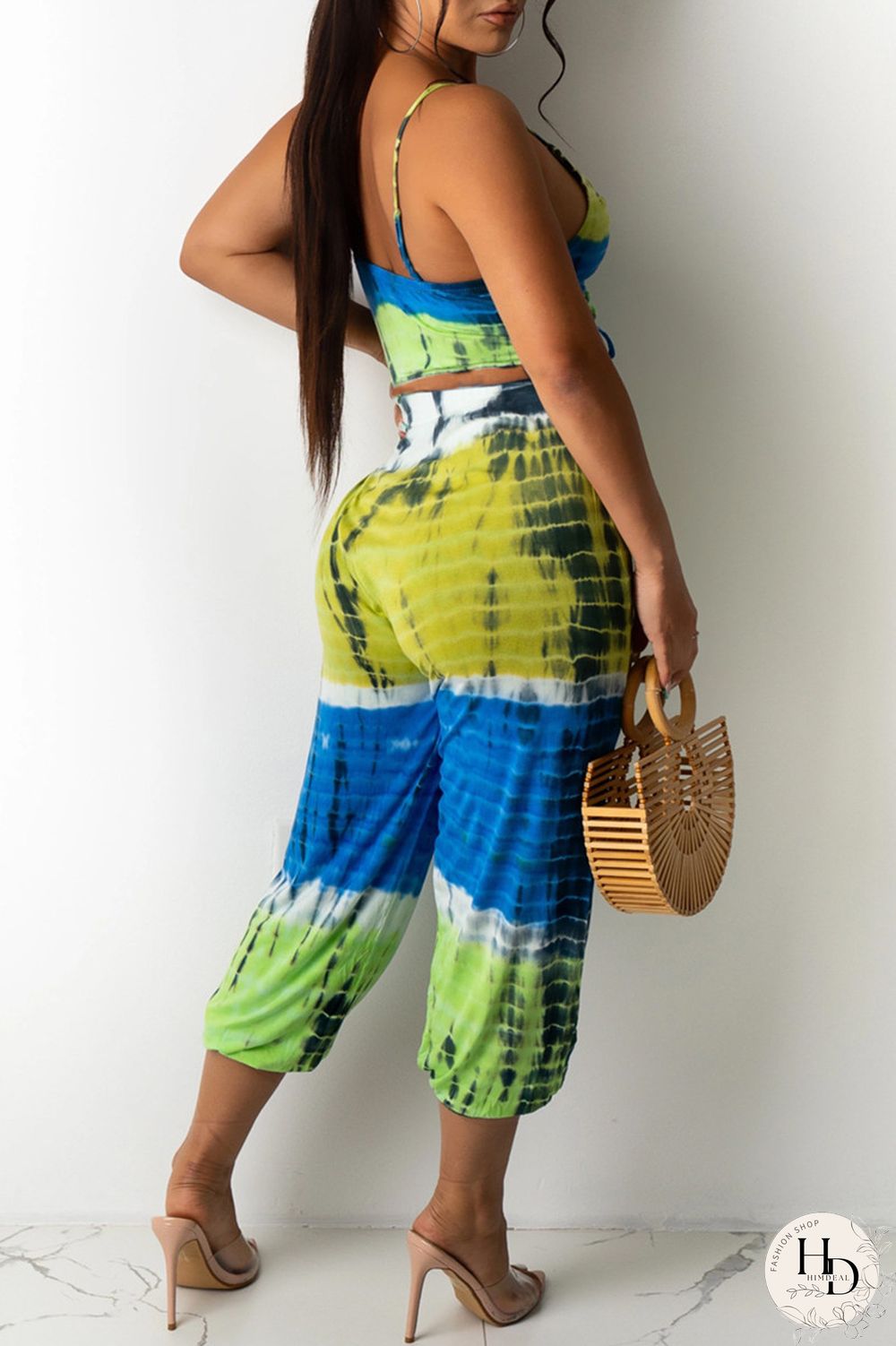 Blue Yellow Sexy Casual Print Tie Dye Backless V Neck Sleeveless Two Pieces