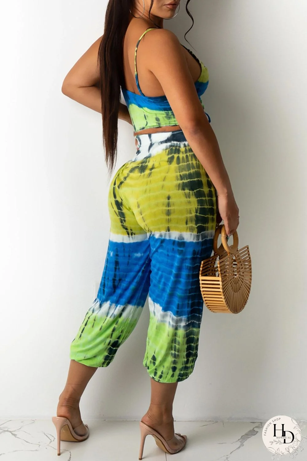 Blue Yellow Sexy Casual Print Tie Dye Backless V Neck Sleeveless Two Pieces