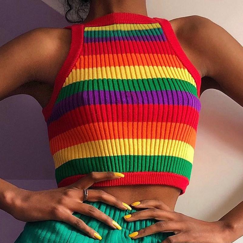 Sexy Rainbow Stripe Tank Sexy Multicolor Rainbow Knitted Crop Top