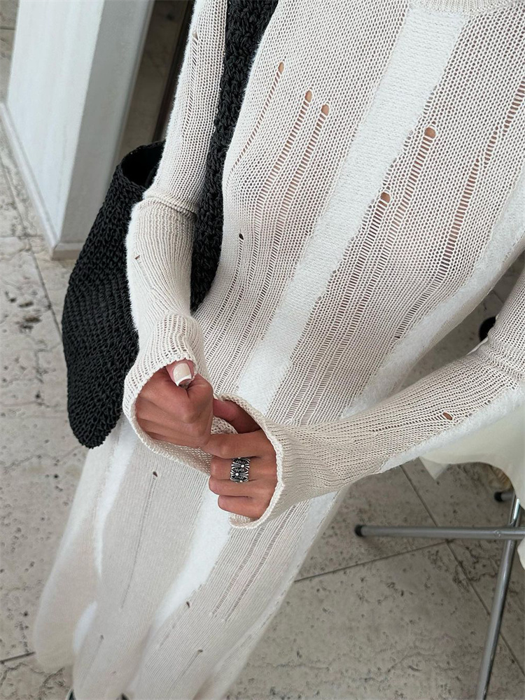 Ootddress Sexy Hollow Out Knit Maxi Dress For Women Slim Elegant Fashion Long Sleeve Autumn 2025 Party Dress Female Knitwear Dress