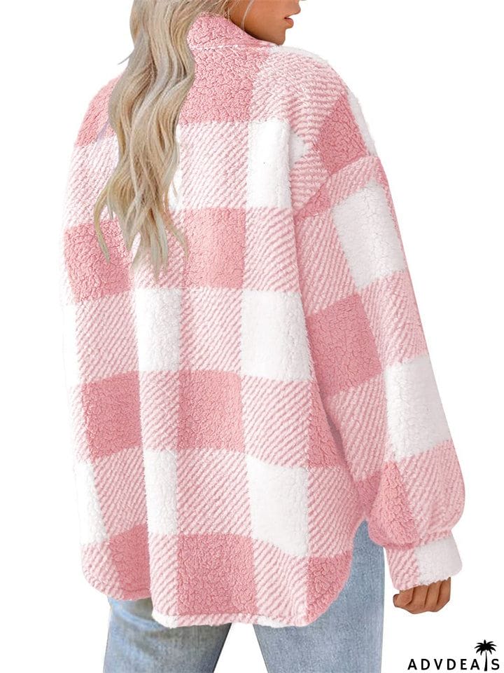 Female Casual Thermal Lapel Button Plaid Cashmere Coat