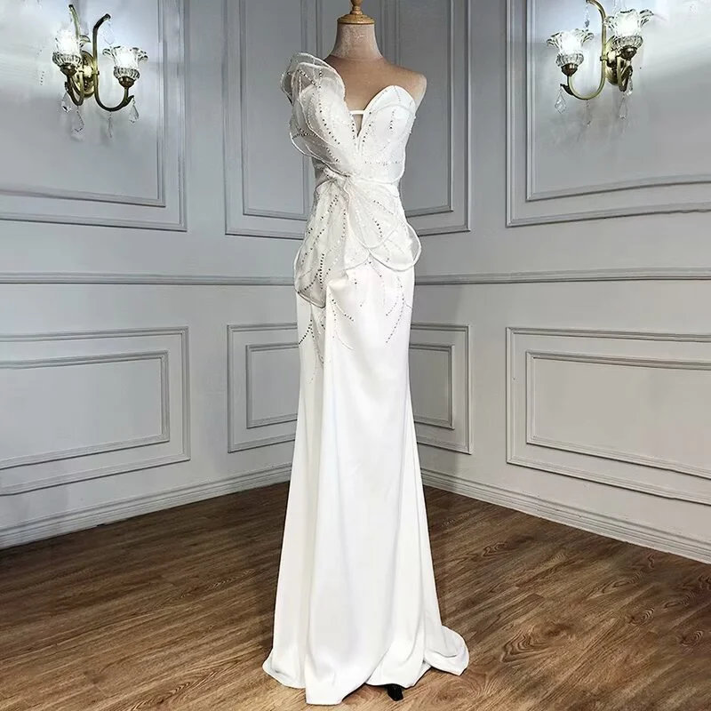 Lisliy Elegant White Long Prom Dress High Split Sequins Applique Mermaid Dress 