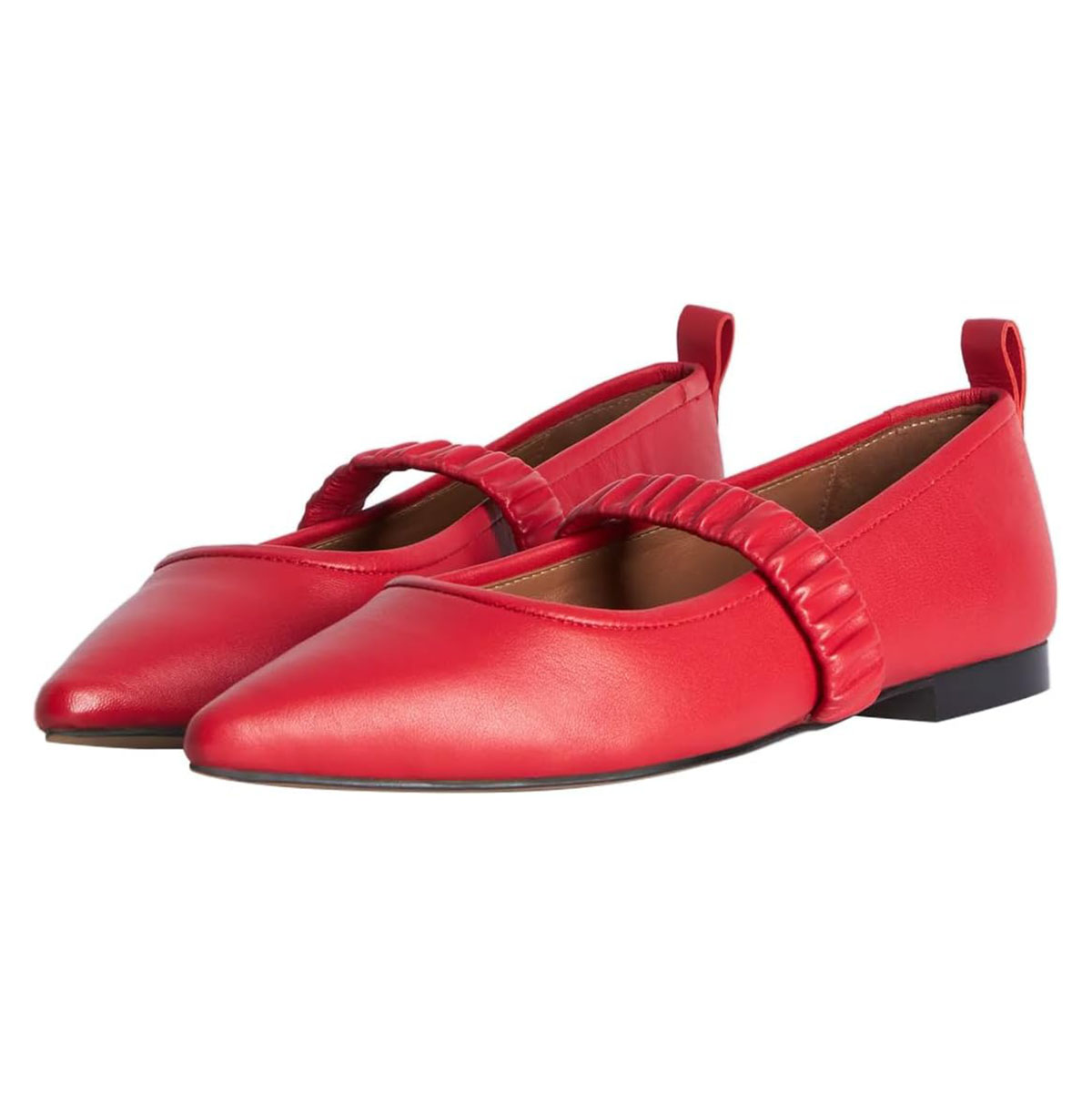 Red Pull Tab Slip-On Pointed Toe Ballet Flat Shoes with Strap Nicepairs