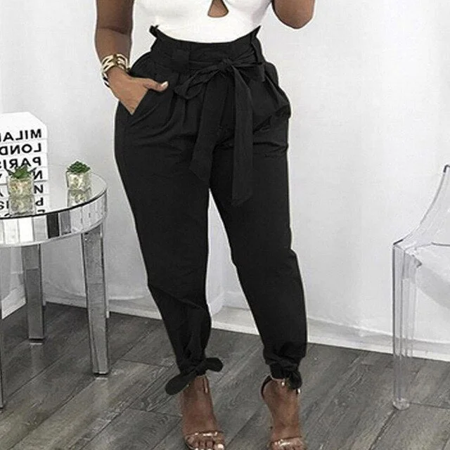 Loose Bow Tie Ruffles Women Pants Casual Solid High Waist Belt Pocket Spring Women's Trousers Female Sashes Pants Bottom