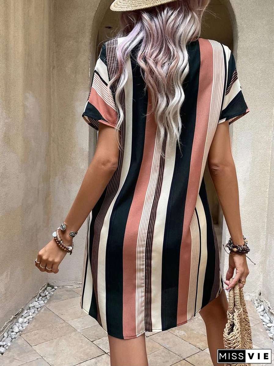 Striped Print V Neck Short Sleeve Mini Dress