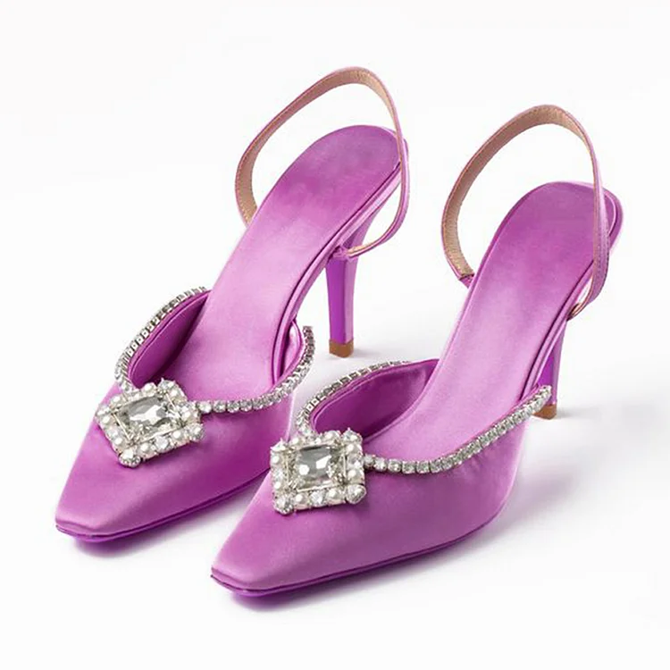 Women's Purple Satin Heels Classic Stiletto Rhinestones Pump Evening Slngback Shoes |FSJ Shoes