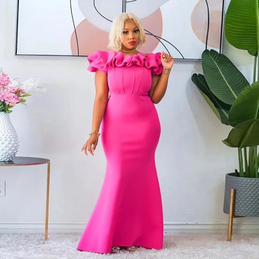 Neosepa-Sweet Off Shoulder Lush Ruffles Slim Cut Plain Hue Designer Maxi Gown