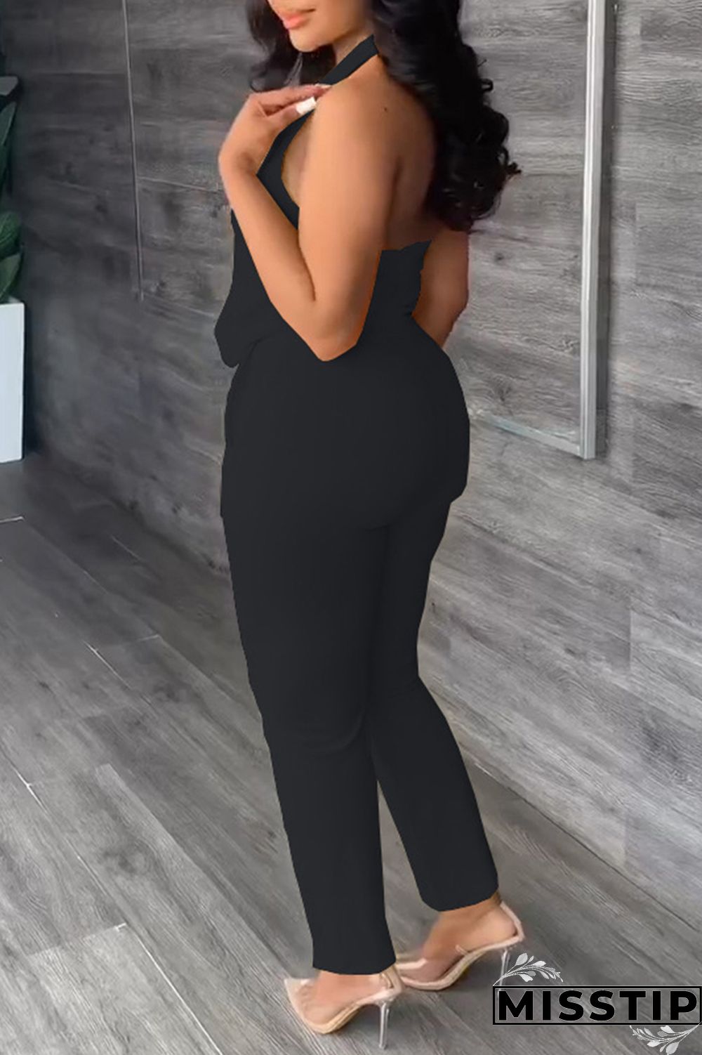 Black Casual Solid Backless Halter Sleeveless Two Pieces