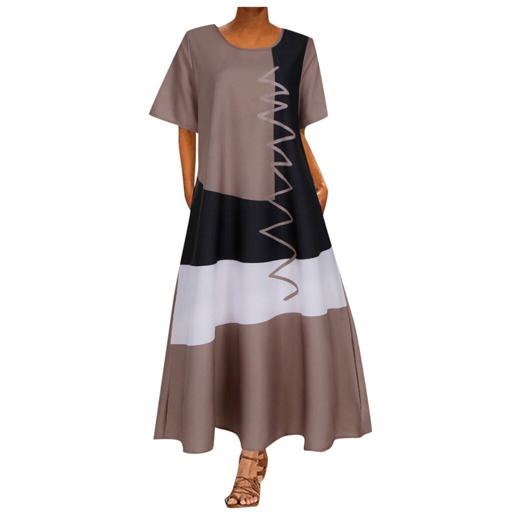 Women Plus Size Dresses Daily Short Sleeve Vintage Patchwork Bohemian Long Dresses O Neck Maxi Dress Female Summer Dress 2021