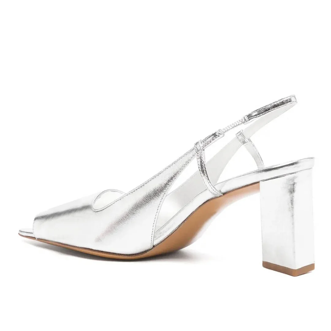 Silver Metallic Finish Peep Toe Chunky Heel Slingback Pumps