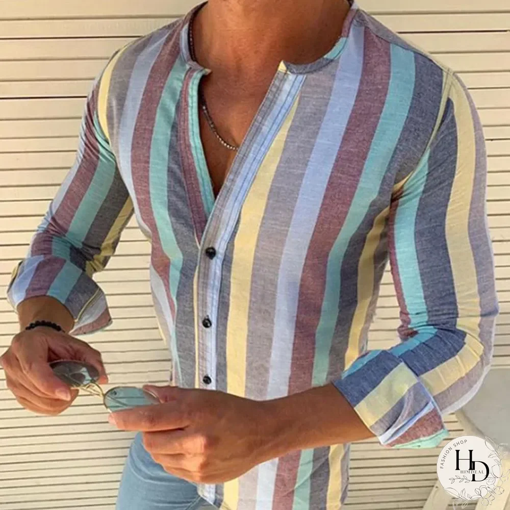 Spring/summer Men Fashion Colorful Stripe Slim Fit Shirts