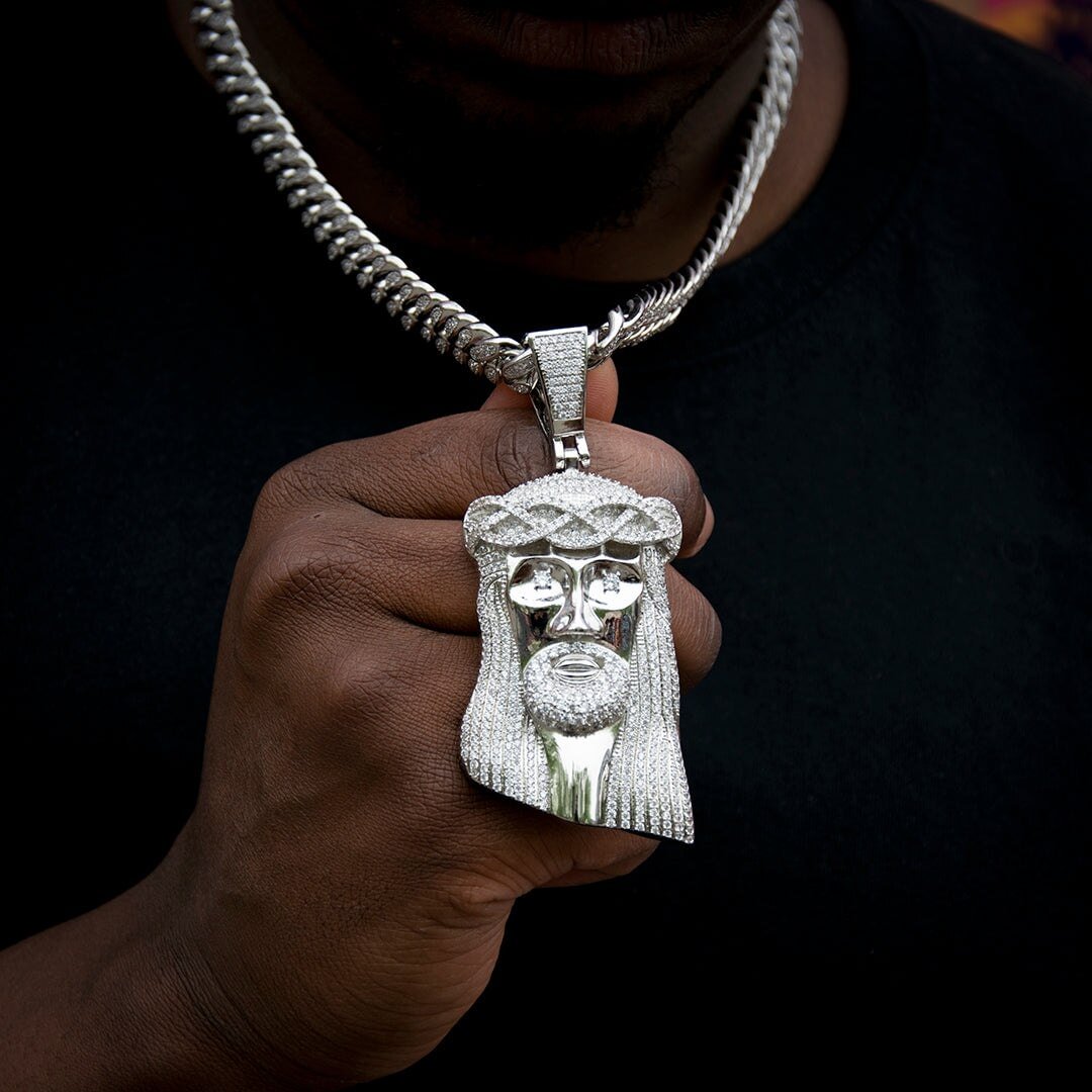 Iced Out Jesus Head Face Pendant Necklace Bling Gold Plated Jewelry-VESSFUL