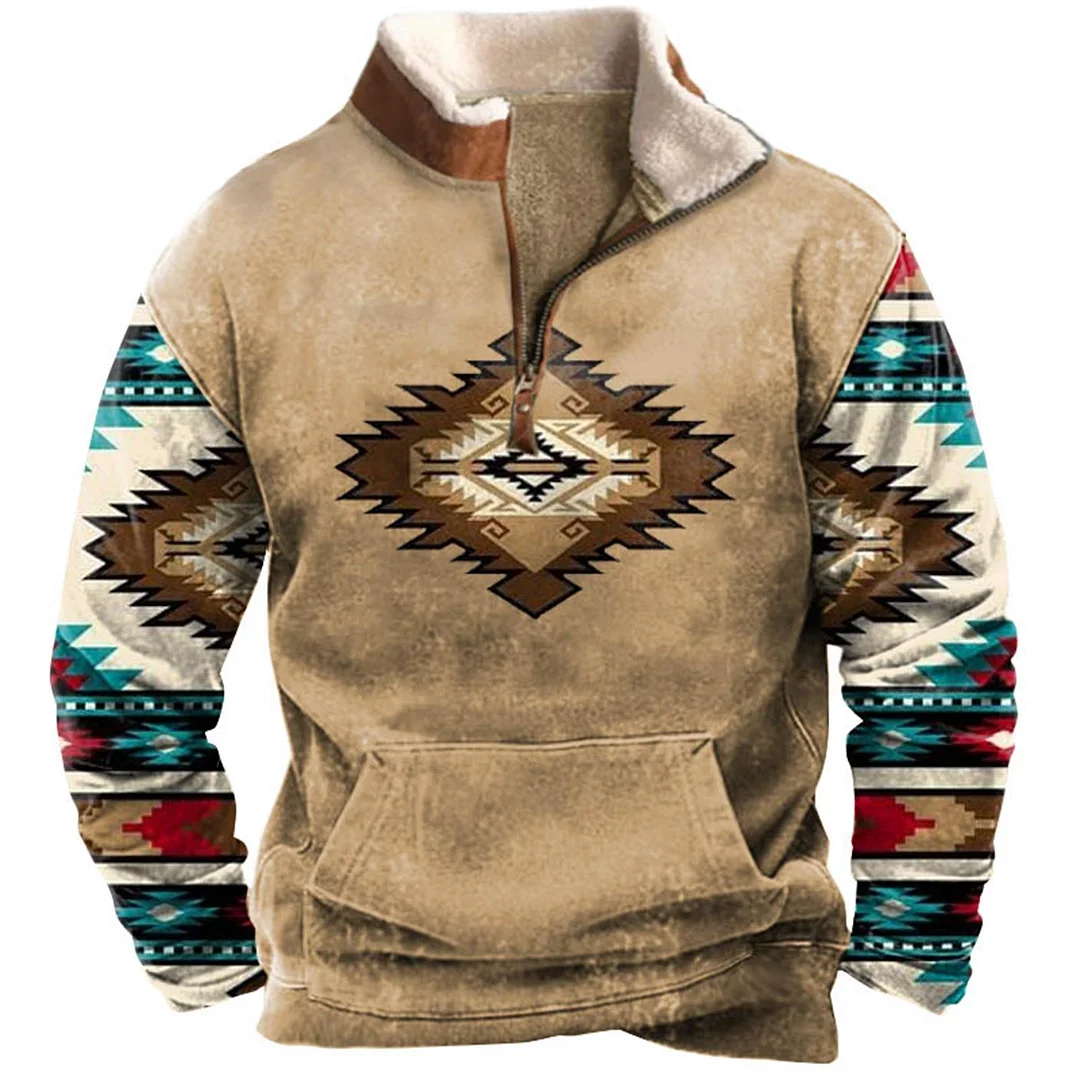 Men's Sweatshirt Quarter Zip Fleece Collar Western Ethnic Aztec Vintage Daily Tops