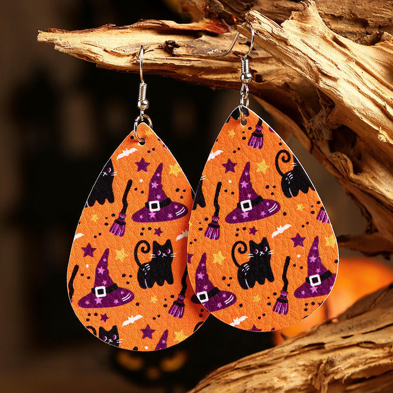 Halloween Orange Leather Wizard Hat Pattern Water Droplet Shaped Earrings 2024 - Flycurvy 