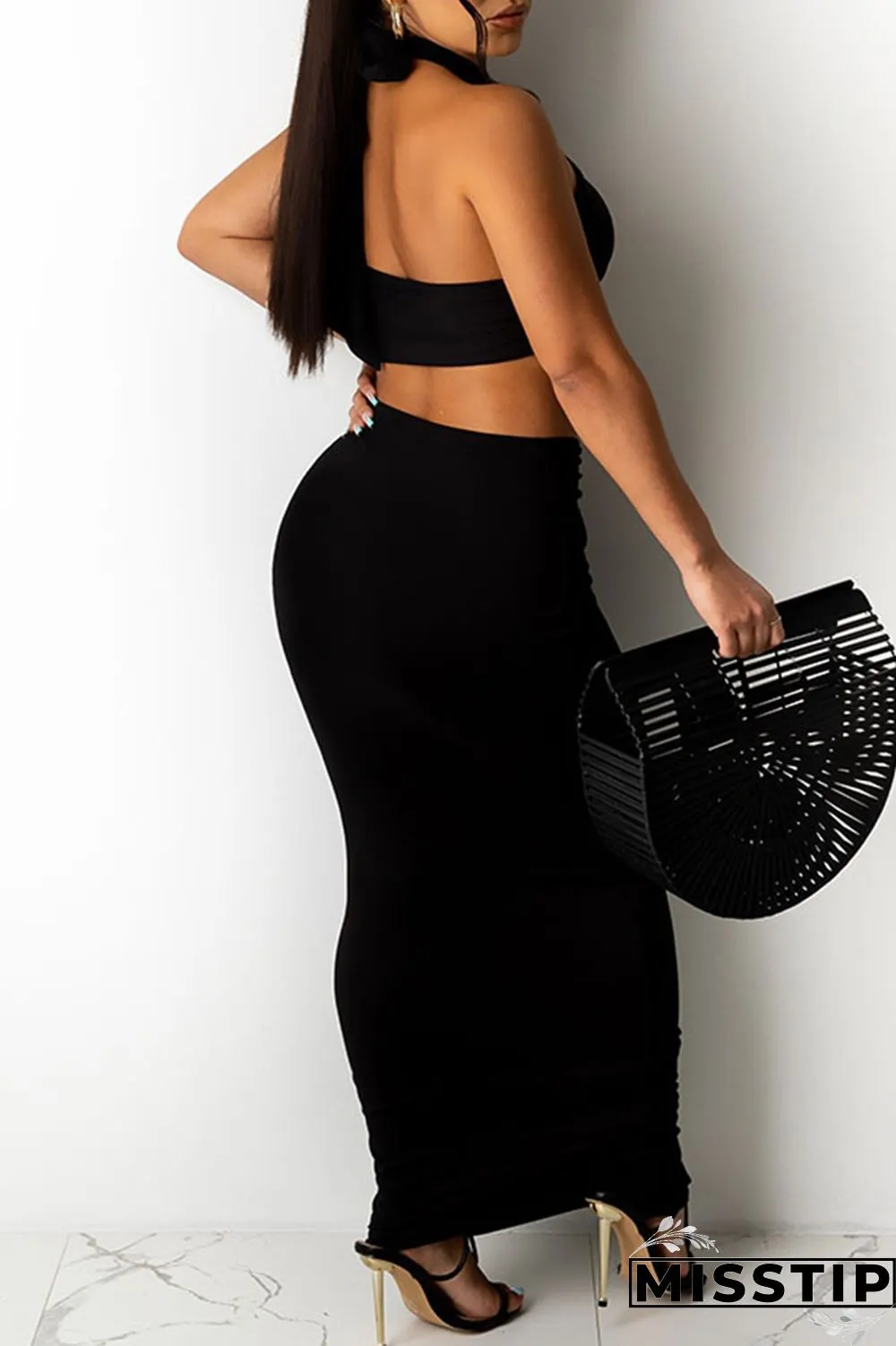 Orange Fashion Sexy Solid Backless Halter Sleeveless Two Pieces