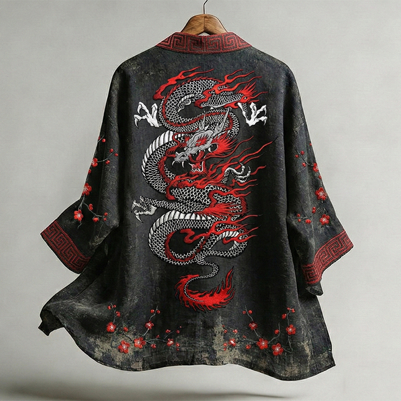 Men's Vintage Japanese Dragons Art Linen Blend Kimono  artssus